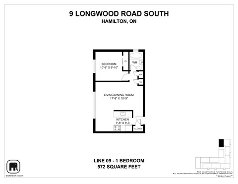 Floor plan for 1 bed, 1 bath, 572 sqft